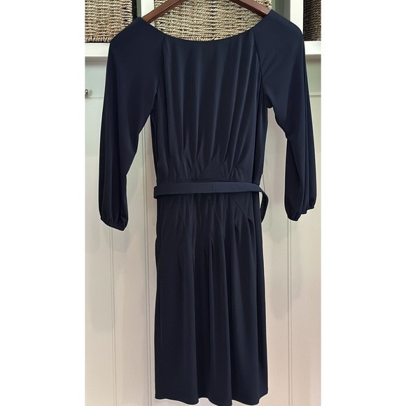 Laundry By Shelli Segal‎ Woman's Navy Blue Belted 3/4 Sleeve Dress , Size 6 - Picture 2 of 5